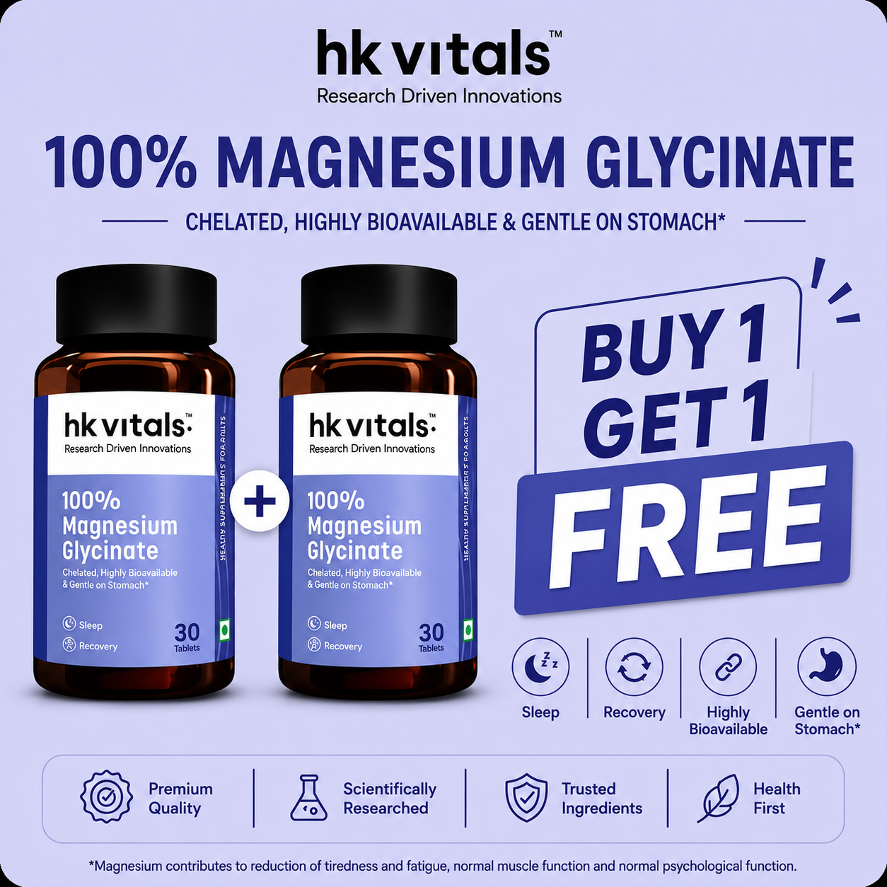 Hk Vitals 100% Magnesium Glycinate (Buy 1 Get 1 Free)